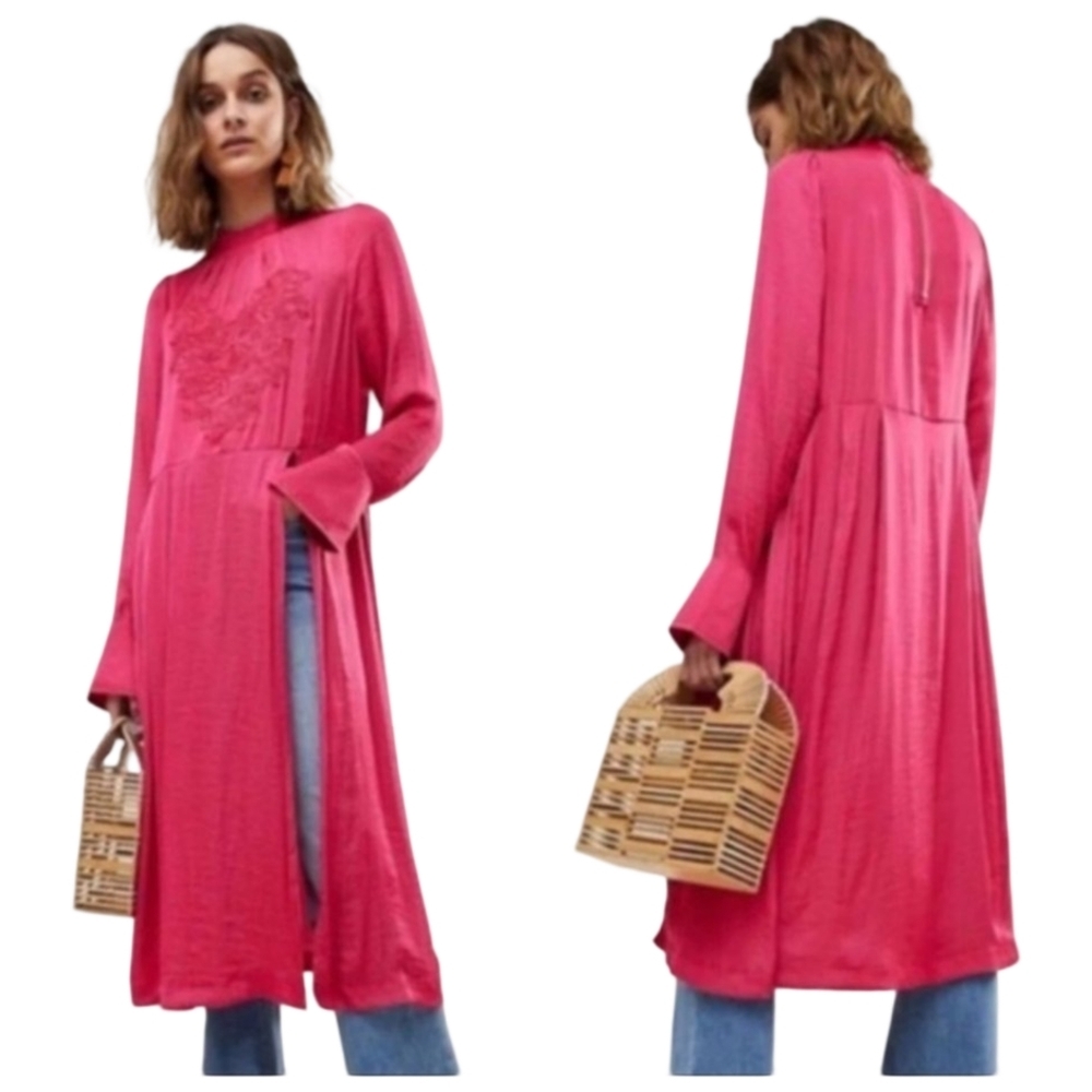 Free People New Day Mock Neck Embroidered Tunic Dress Medium Raspberry Pink Boho